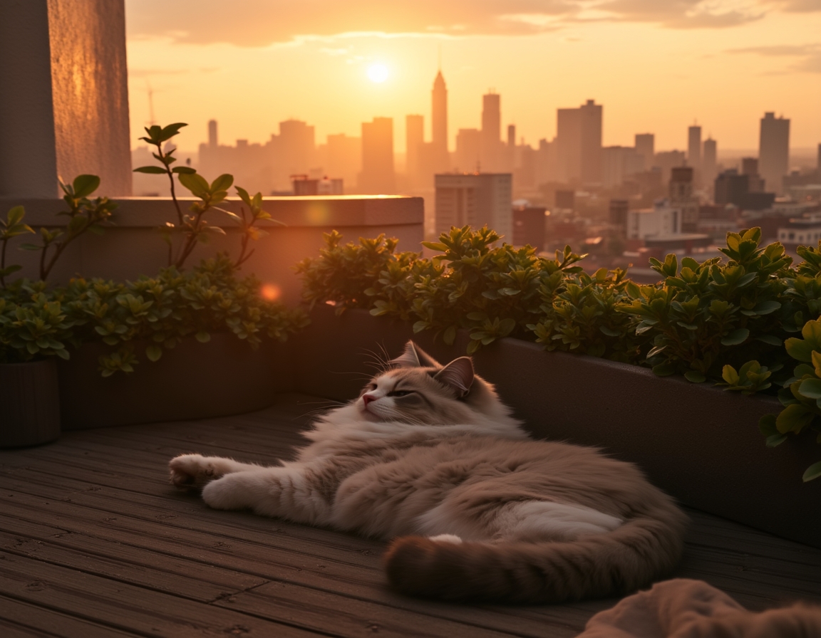 Cat relaxes on a rooftop terrace, enjoying the serenity above the urban buzz.